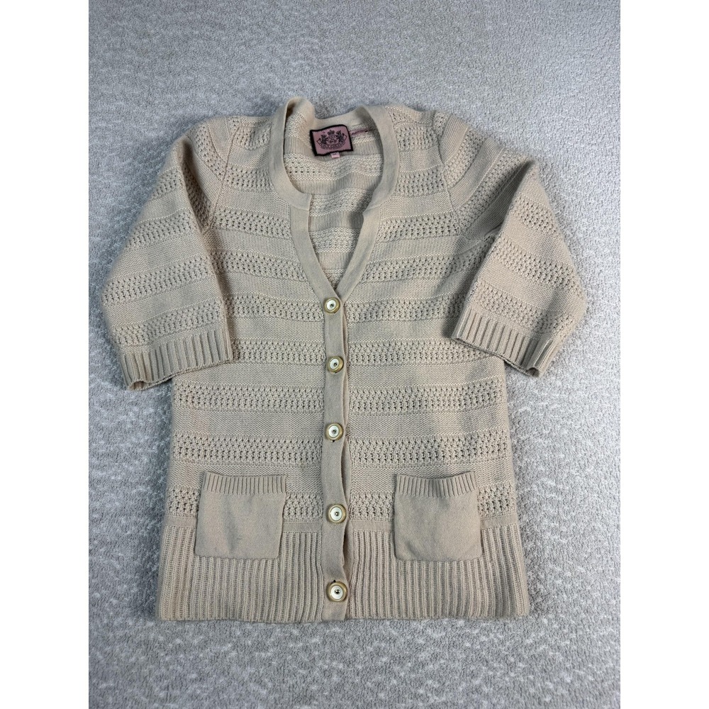 Juicy Couture Cardigan Sweater Womens‎ Medium Beige Angora Wool V Neck Pockets